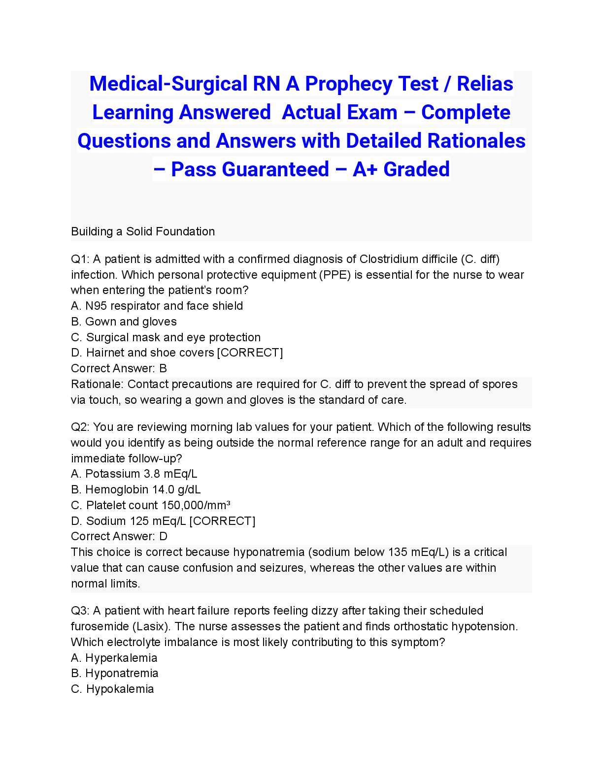 Preview of Medical-Surgical RN A Prophecy Test / Relias Learning Answered 2026/2027 Actual Exam – Complete Questions and Answers with Detailed Rationales – Pass Guaranteed – A+ Graded
