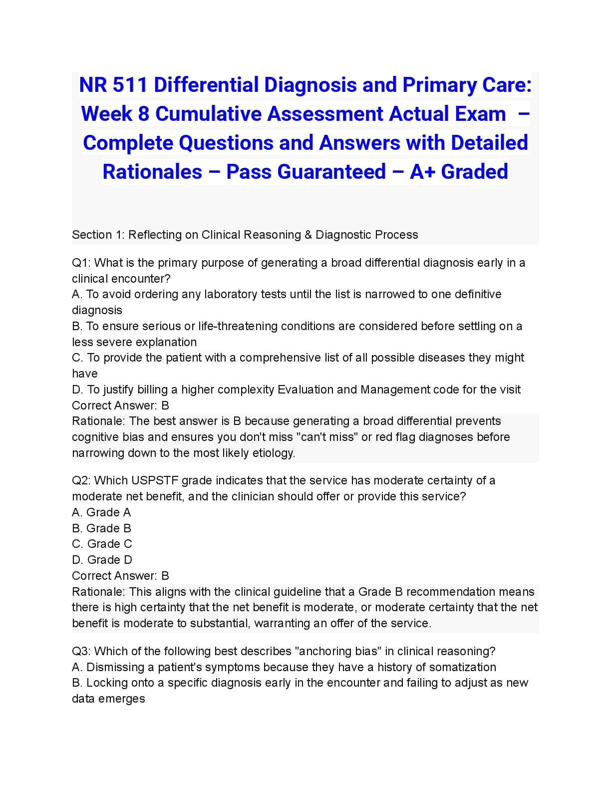 Preview of NR 511 Differential Diagnosis and Primary Care: Week 8 Cumulative Assessment Actual Exam 2026/2027 – Complete Questions and Answers with Detailed Rationales – Pass Guaranteed – A+ Graded