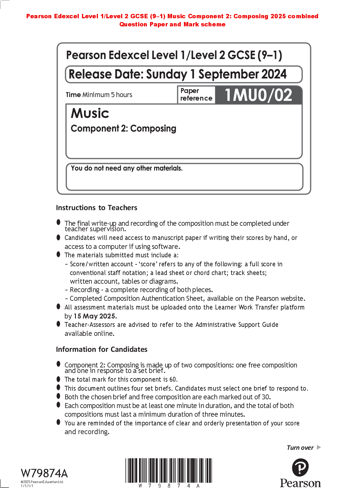 Recommended document preview for Pearson Edexcel Level 1/Level 2 GCSE (9–1) Music Component 2: Composing 2025 combined Question Paper and Mark scheme