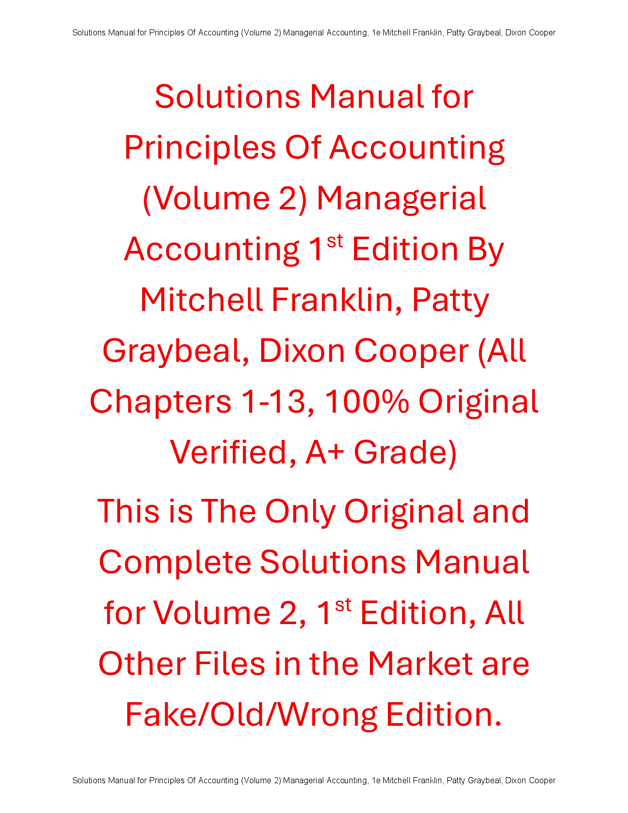 Solutions Manual Principles Of Accounting (Volume 2) Managerial Accounting 1st Edition By Mitchell Franklin, Patty Graybeal, Dixon Cooper