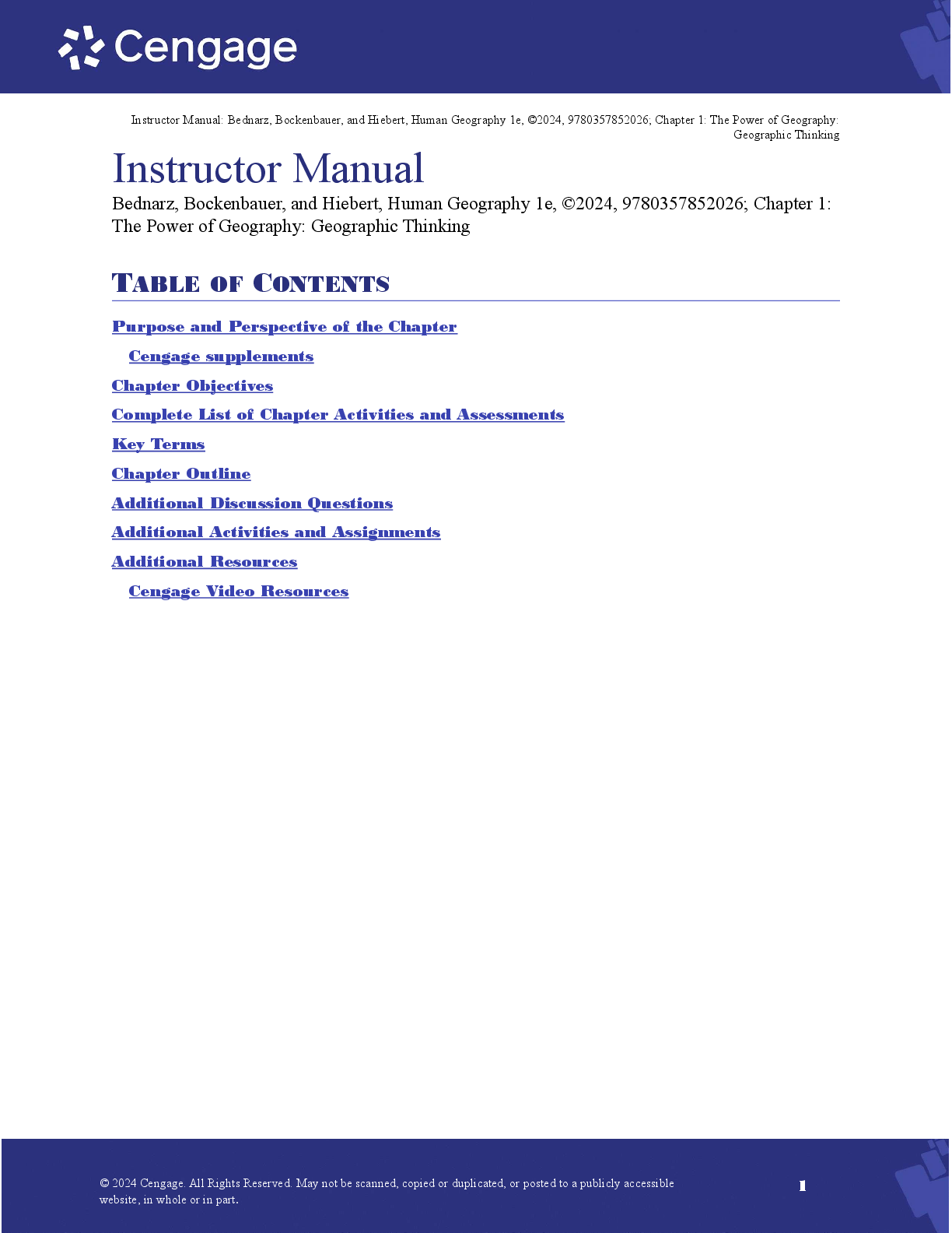 Recommended document preview for Instructor Manual For Human Geography A Spatial Perspective 1st Edition By Sarah Witham Bednarz, Mark Bockenhauer, Fred Hiebert,