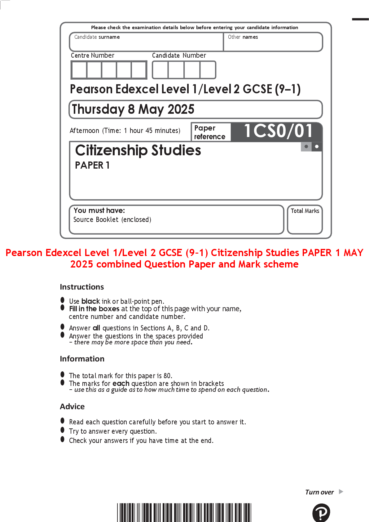 Preview of Pearson Edexcel Level 1/Level 2 GCSE (9–1) Citizenship Studies PAPER 1 MAY 2025 combined Question Paper and Mark scheme