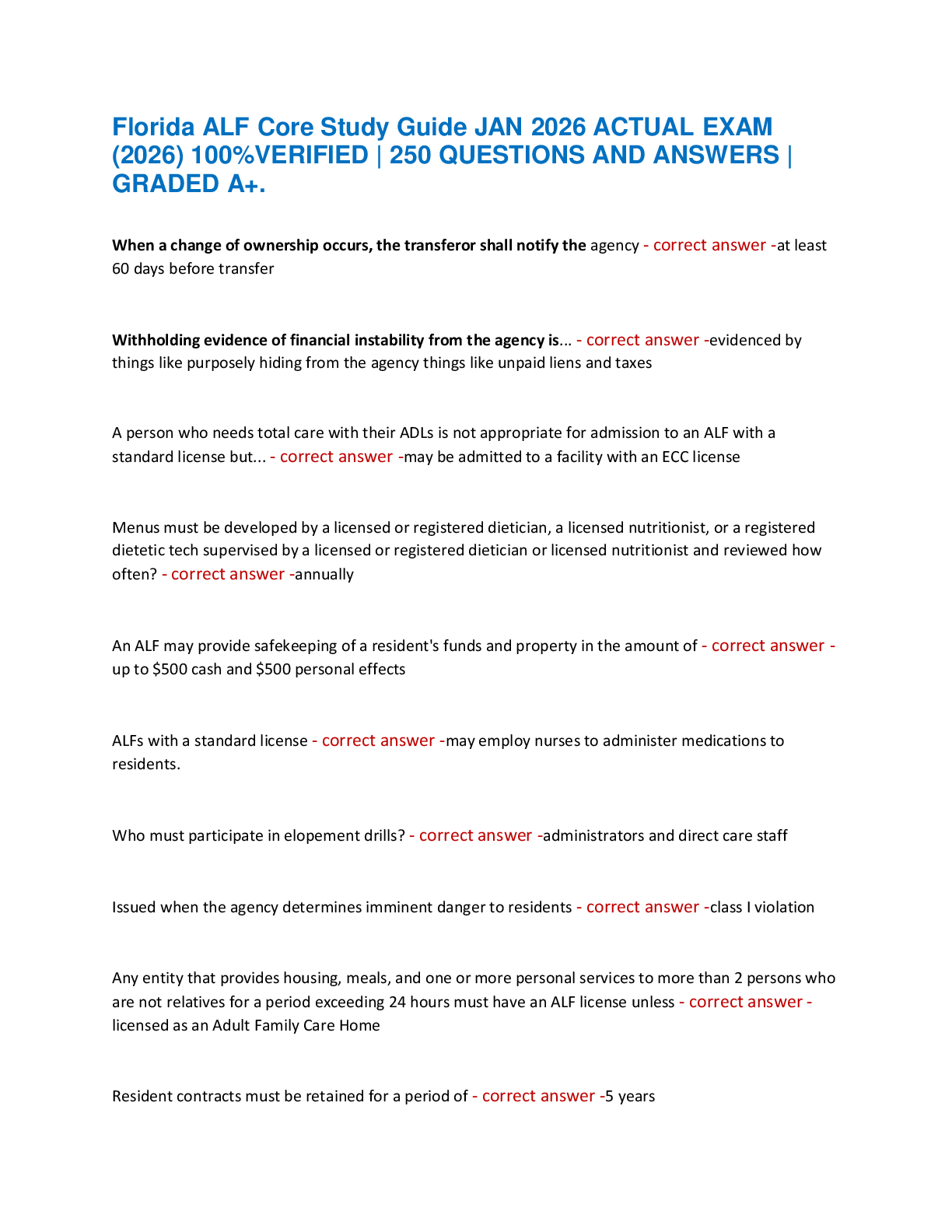 Recommended document preview for Florida ALF Core Study Guide JAN 2026 ACTUAL EXAM  (2026) 100%VERIFIED | 250 QUESTIONS AND ANSWERS |  GRADED A+.