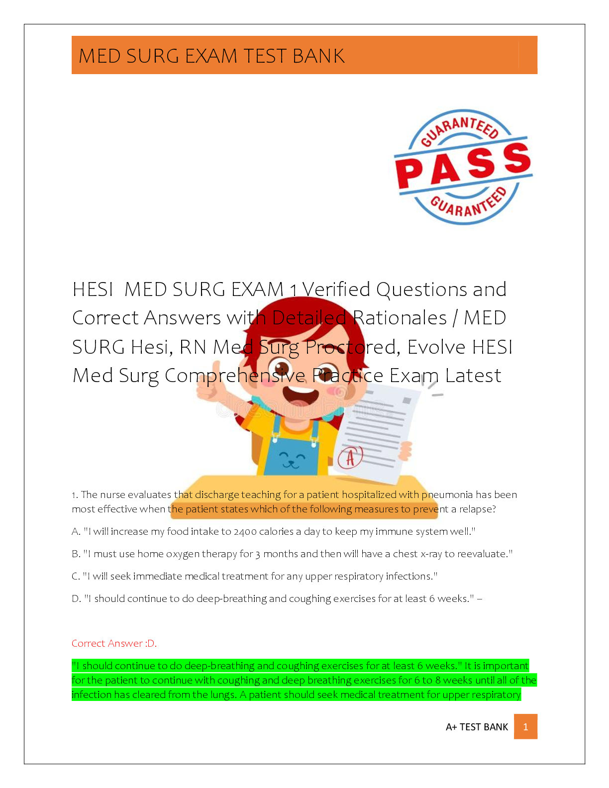 Preview of HESI  MED SURG EXAM 1 Verified Questions and  Correct Answers with Detailed Rationales / M
