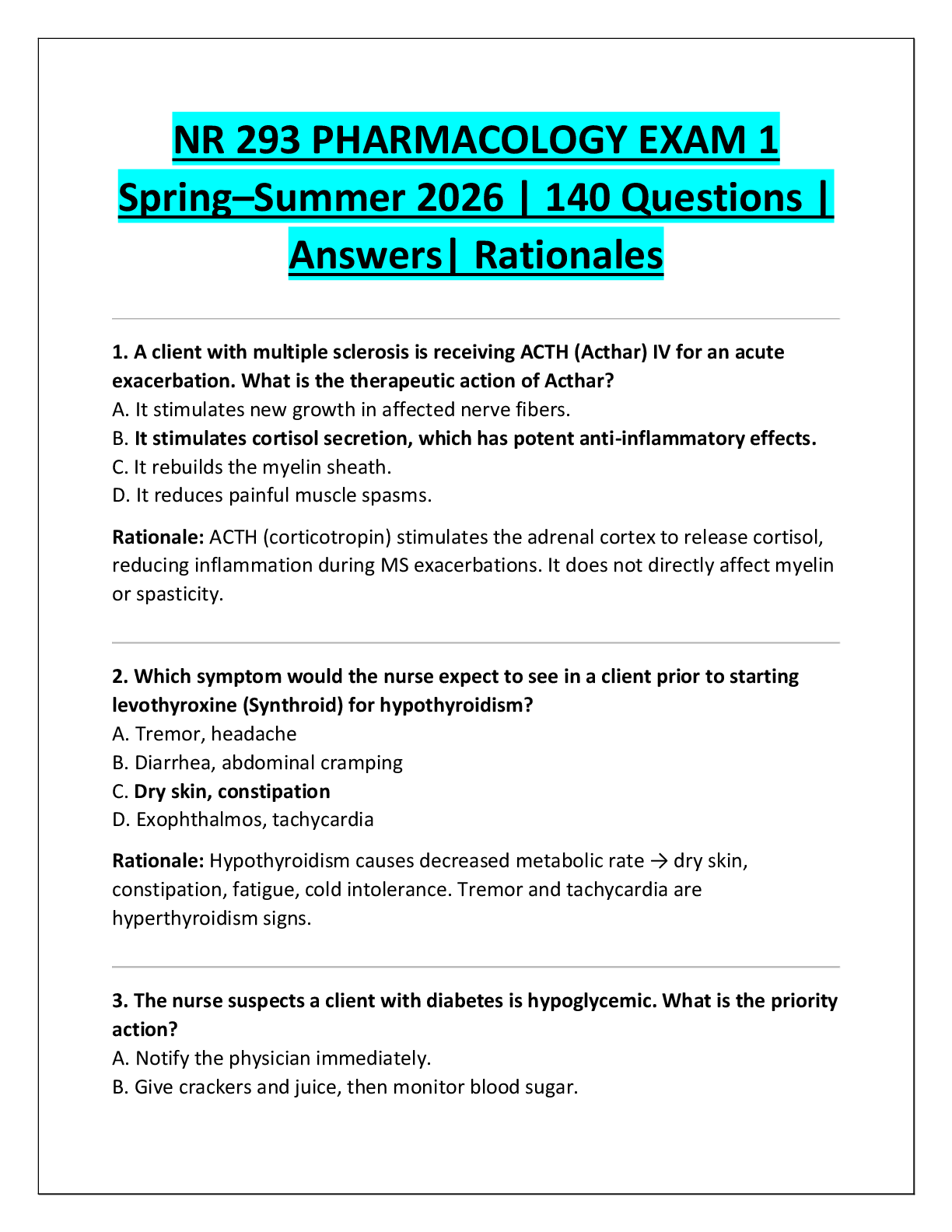 Recommended document preview for NR 293 PHARMACOLOGY EXAM 1  Spring–Summer 2026 | 140 Questions |  Answers| Rationales