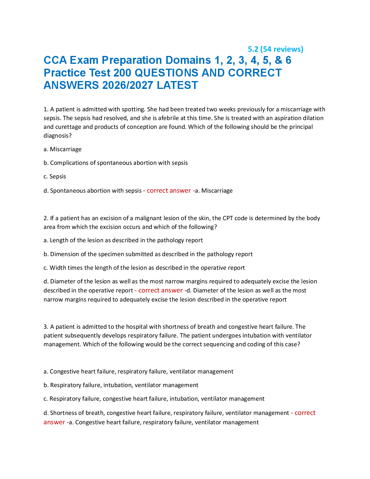 Recommended document preview for CCA Exam Preparation Domains 1, 2, 3, 4, 5, & 6  Practice Test 200 QUESTIONS AND CORRECT  ANSWERS 2026/2027 LATEST