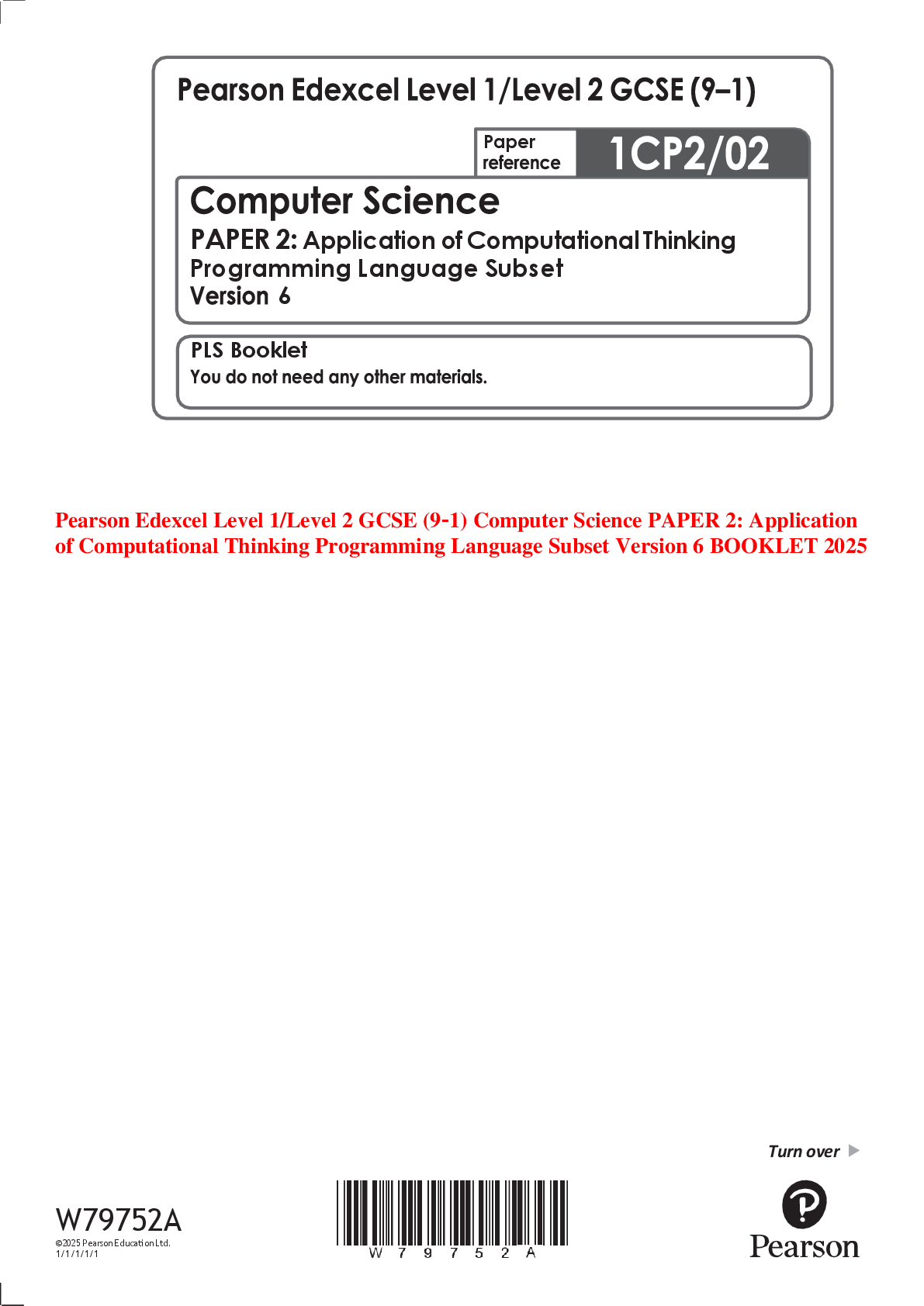 Preview of Pearson Edexcel Level 1/Level 2 GCSE (9–1) Computer Science PAPER 2: Application of Computational Thinking Programming Language Subset Version 6 BOOKLET 2025