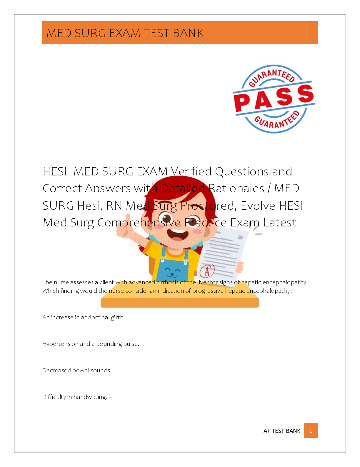 Preview of HESI  MED SURG EXAM Verified Questions and  Correct Answers with Detailed Rationales / MED