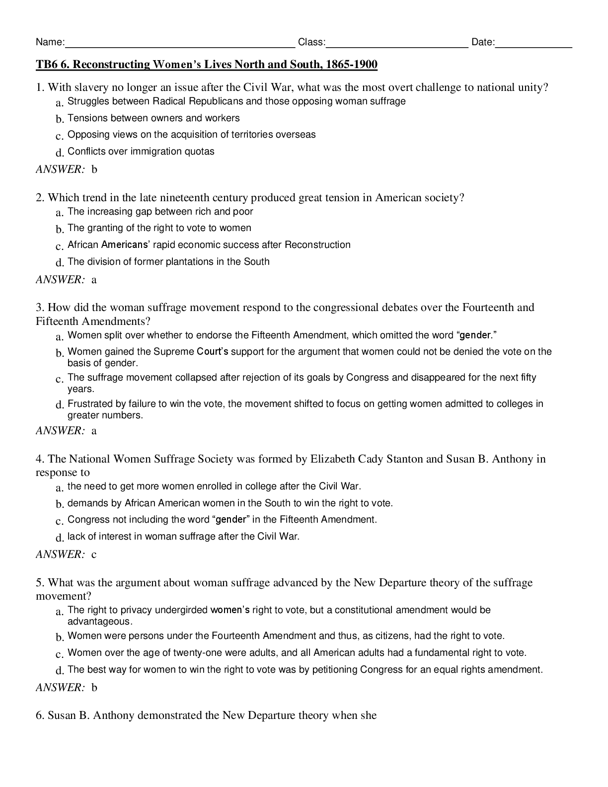 Preview of Through Women's Eyes An American History with Documents Volume 2 6th Edition By Ellen DuBois, Lynn Dumenil, Brenda Stevenson Test Bank