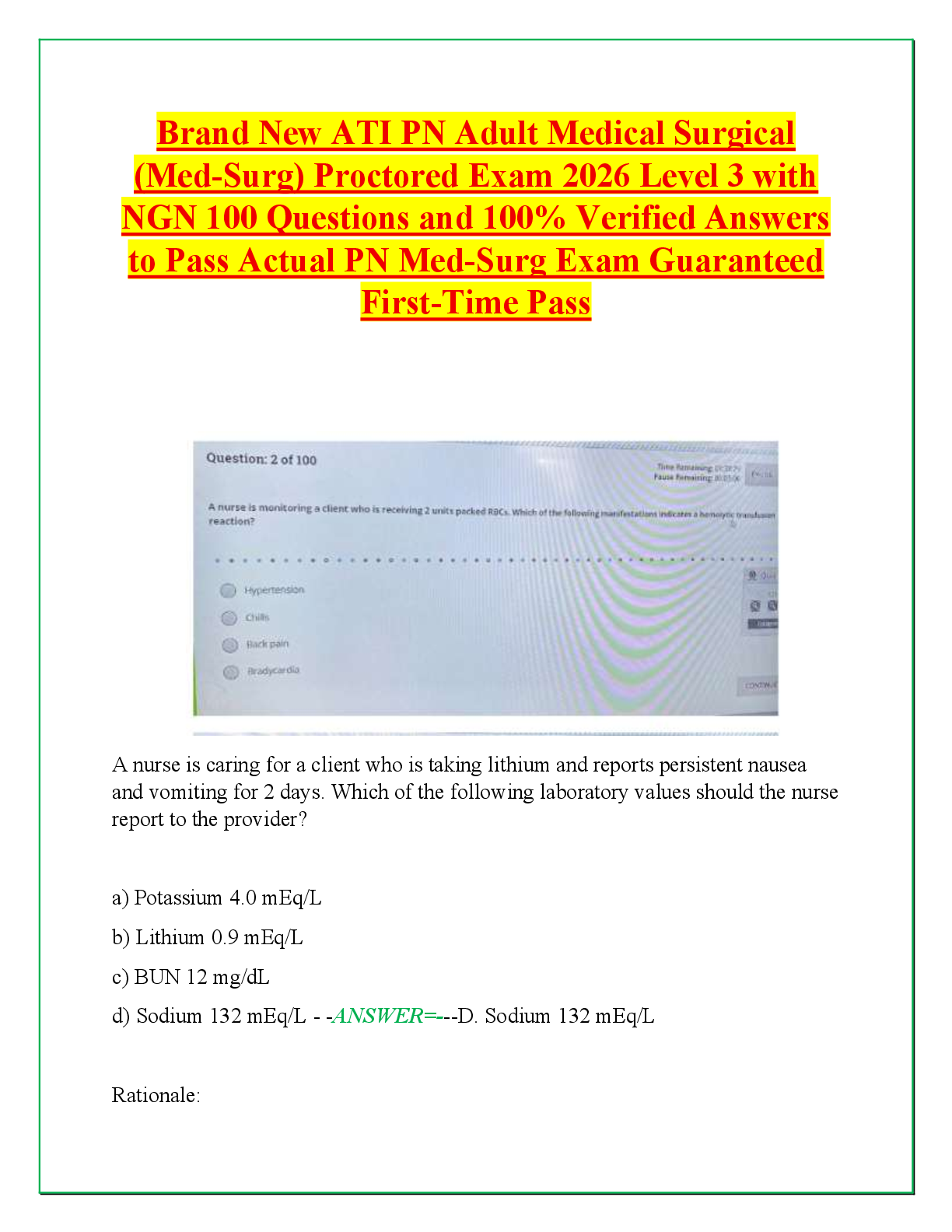 Recommended document preview for Brand New ATI PN Adult Medical Surgical  (Med-Surg) Proctored Exam 2026 Level 3 with  NGN 100 Questions and 100% Verified Answers  to Pass Actual PN Med-Surg Exam Guaranteed  First-Time Pass