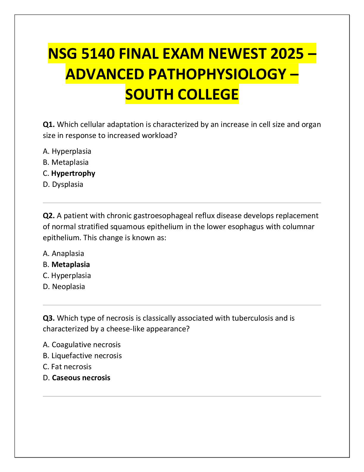 Preview of NSG 5140 FINAL EXAM NEWEST 2025 –  ADVANCED PATHOPHYSIOLOGY –  SOUTH COLLEGE
