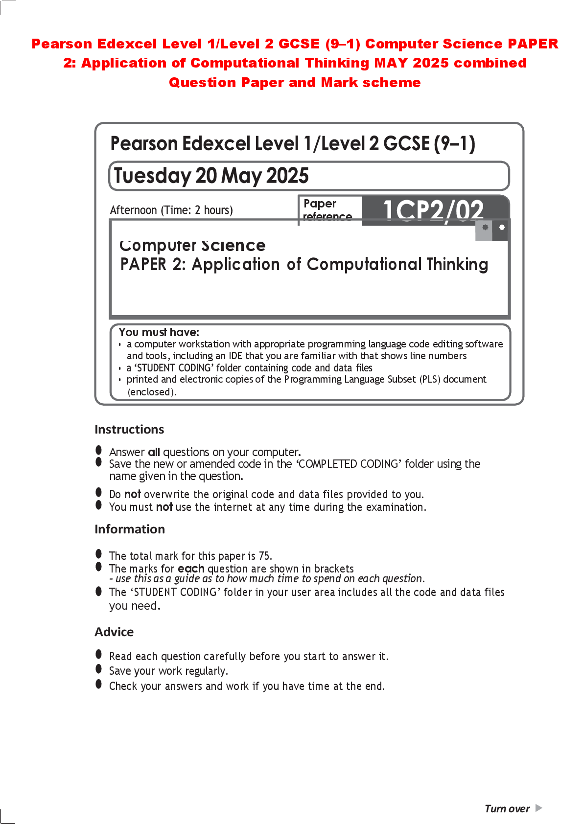 Preview of Pearson Edexcel Level 1/Level 2 GCSE (9–1) Computer Science PAPER 2: Application of Computational Thinking MAY 2025 combined Question Paper and Mark scheme
