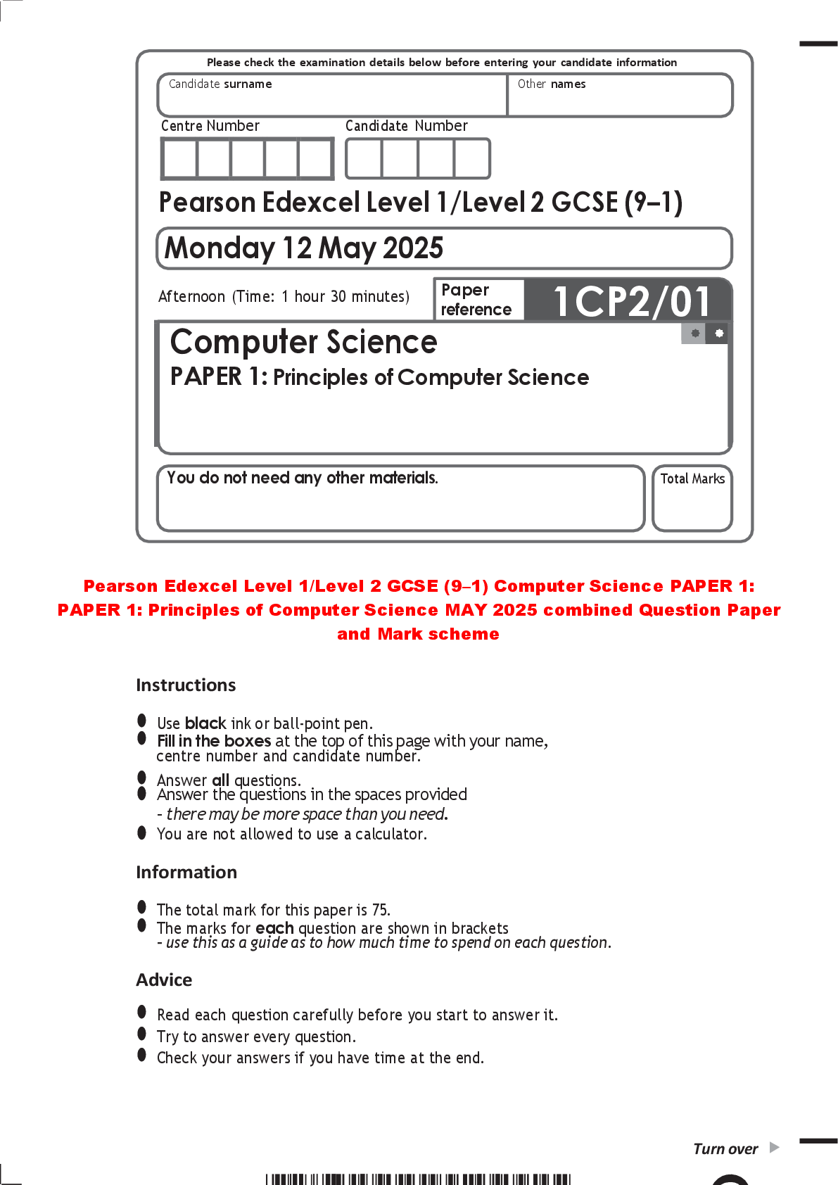 Preview of Pearson Edexcel Level 1/Level 2 GCSE (9–1) Computer Science PAPER 1: PAPER 1: Principles of Computer Science MAY 2025 combined Question Paper and Mark scheme