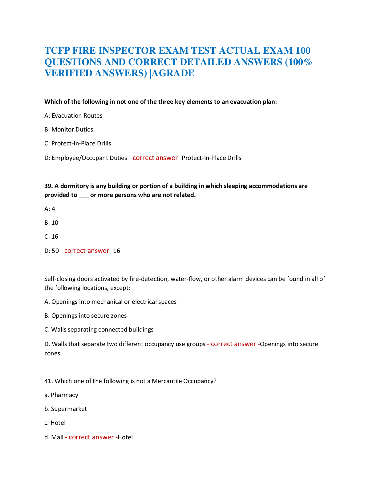 Recommended document preview for TCFP FIRE INSPECTOR EXAM TEST ACTUAL EXAM 100  QUESTIONS AND CORRECT DETAILED ANSWERS (100%  VERIFIED ANSWERS) |AGRADE