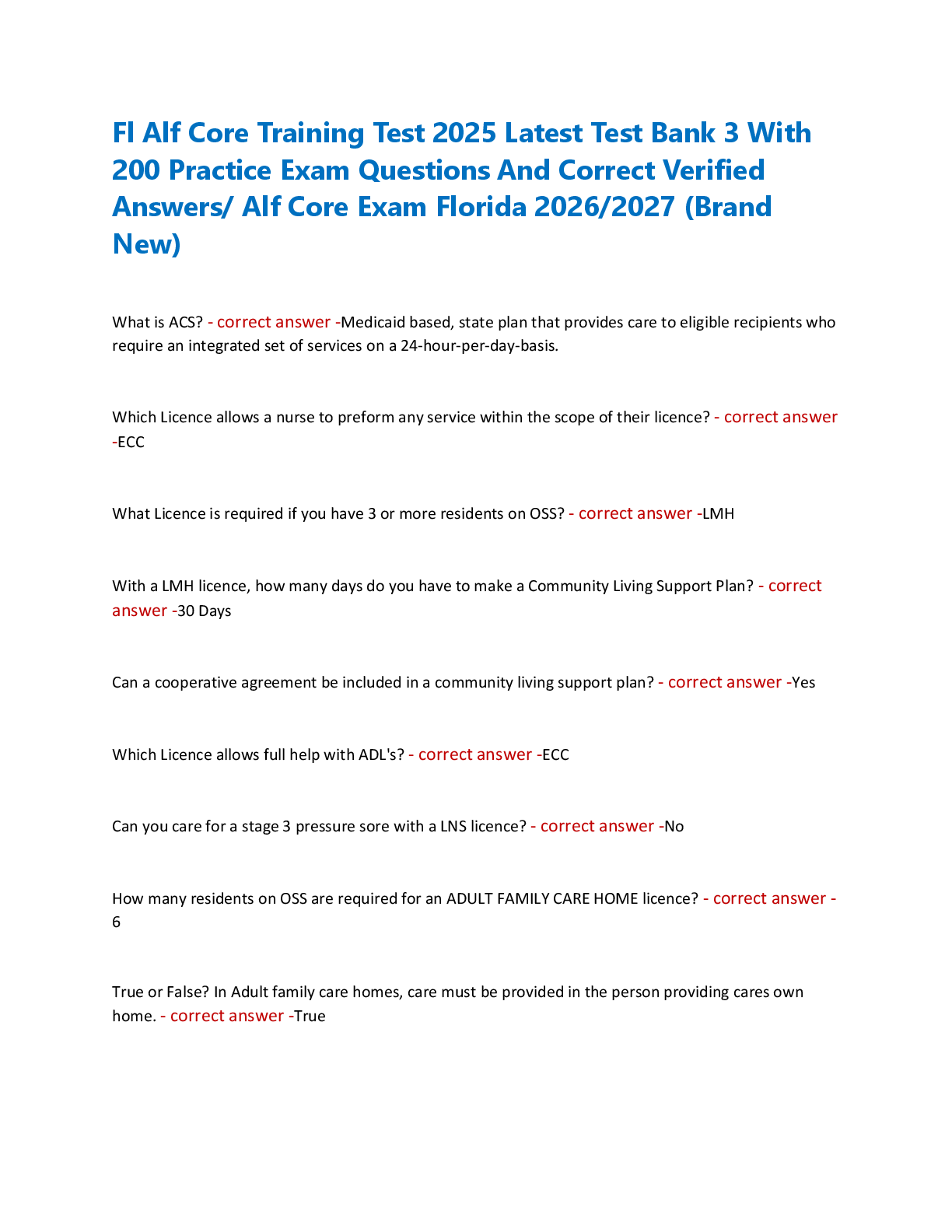 Recommended document preview for Fl Alf Core Training Test 2025 Latest Test Bank 3 With  200 Practice Exam Questions And Correct Verified  Answers/ Alf Core Exam Florida 2026/2027 (Brand  New)