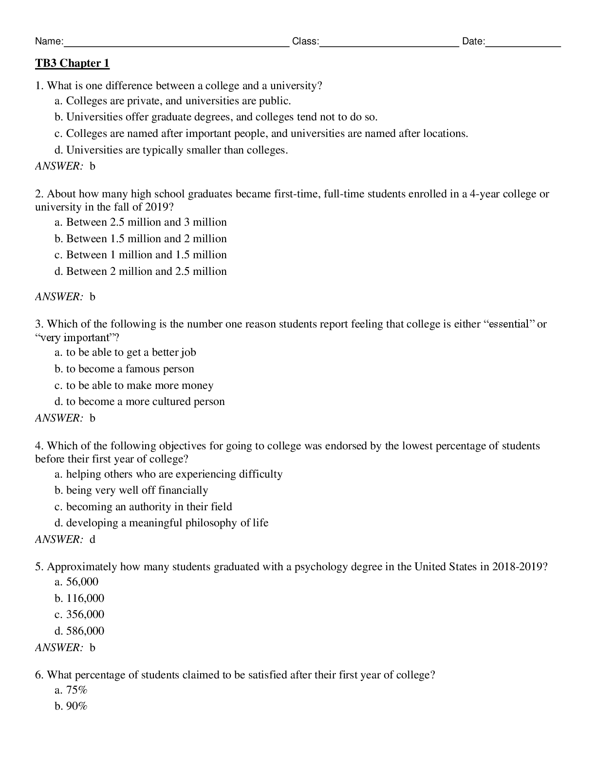 Preview of The Psychology Major's Companion 3rd Edition By Dana Dunn, Jane Halonen Test Bank