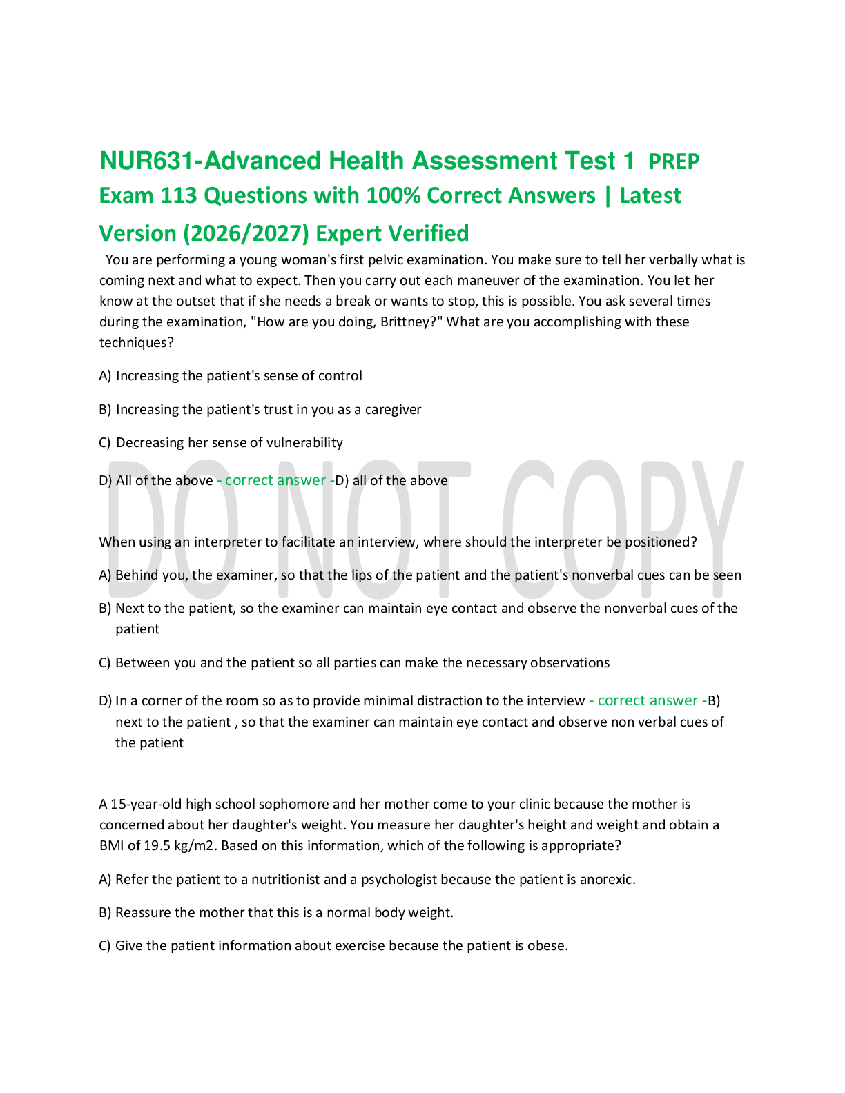 Recommended document preview for NUR631-Advanced Health Assessment Test 1  PREP   Exam 113 Questions with 100% Correct Answers | Latest  Version (2026/2027) Expert Verified