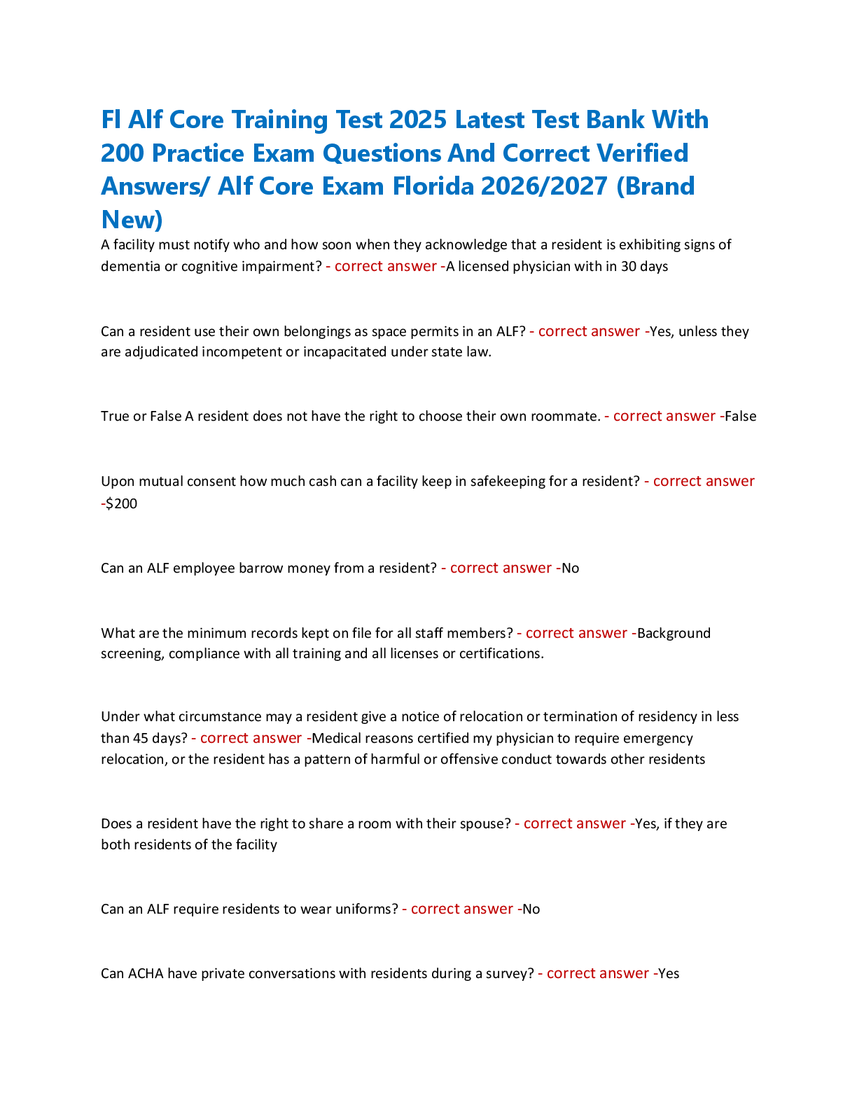 Recommended document preview for Fl Alf Core Training Test 2025 Latest Test Bank With  200 Practice Exam Questions And Correct Verified  Answers/ Alf Core Exam Florida 2026/2027 (Brand  New)