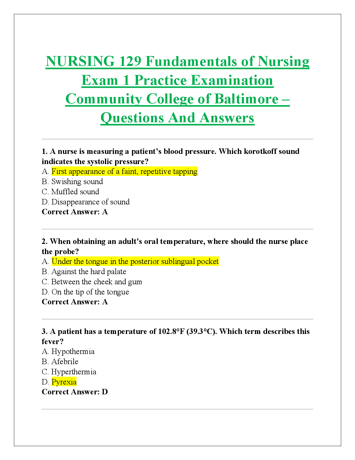 Recommended document preview for NURSING 129 Fundamentals of Nursing  Exam 1 Practice Examination  Community College of Baltimore  Questions And Answers