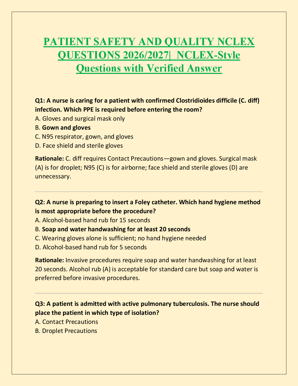 Recommended document preview for PATIENT SAFETY AND QUALITY NCLEX  QUESTIONS 2026/2027|  NCLEX-Style  Questions with Verified Answer
