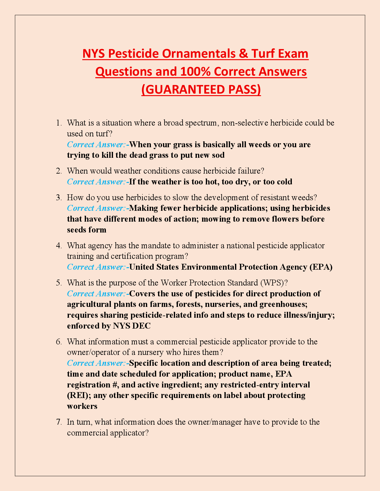Recommended document preview for NYS Pesticide Ornamentals & Turf Exam  Questions and 100% Correct Answers  (GUARANTEED PASS)