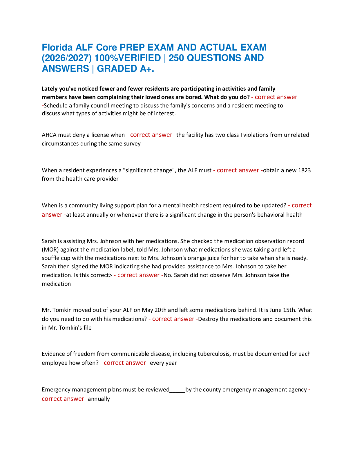 Preview of Florida ALF Core PREP EXAM AND ACTUAL EXAM  (2026/2027) 100%VERIFIED | 250 QUESTIONS AND
