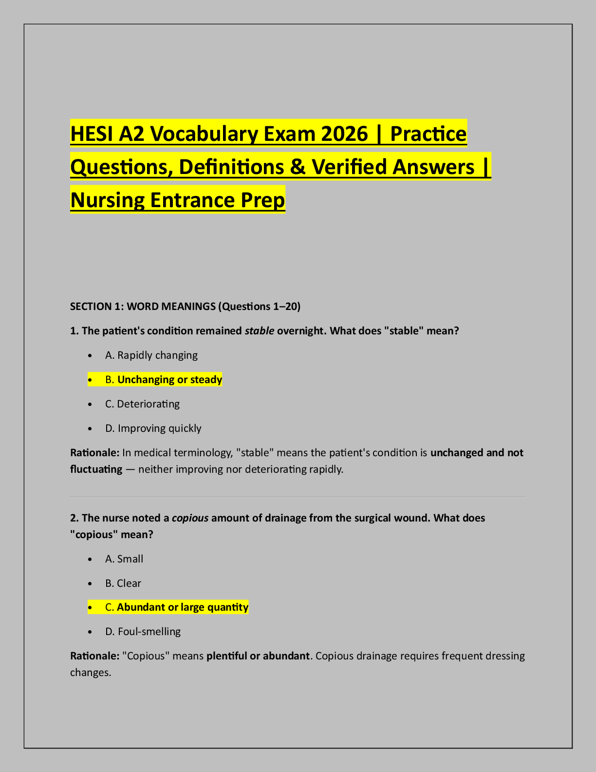 Recommended document preview for HESI A2 Vocabulary Exam 2026 | Practice  Questions, Definitions & Verified Answers |  Nursing Entrance Prep