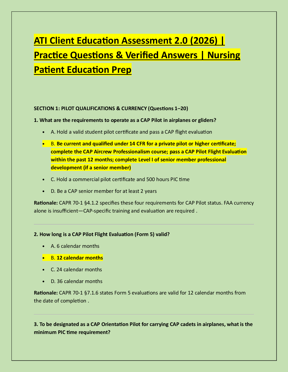 Preview of ATI Client Education Assessment 2.0 (2026) |  Practice Questions & Verified Answers | Nurs