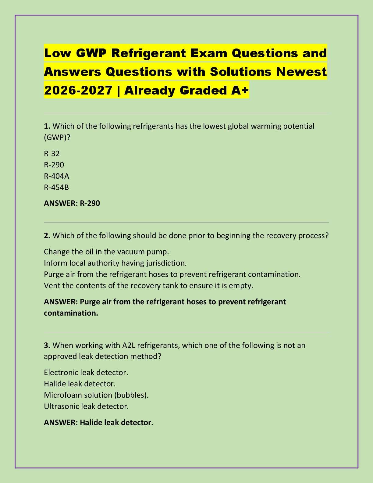 Recommended document preview for Low GWP Refrigerant Exam Questions and  Answers Questions with Solutions Newest  2026-2027 | Already Graded A+