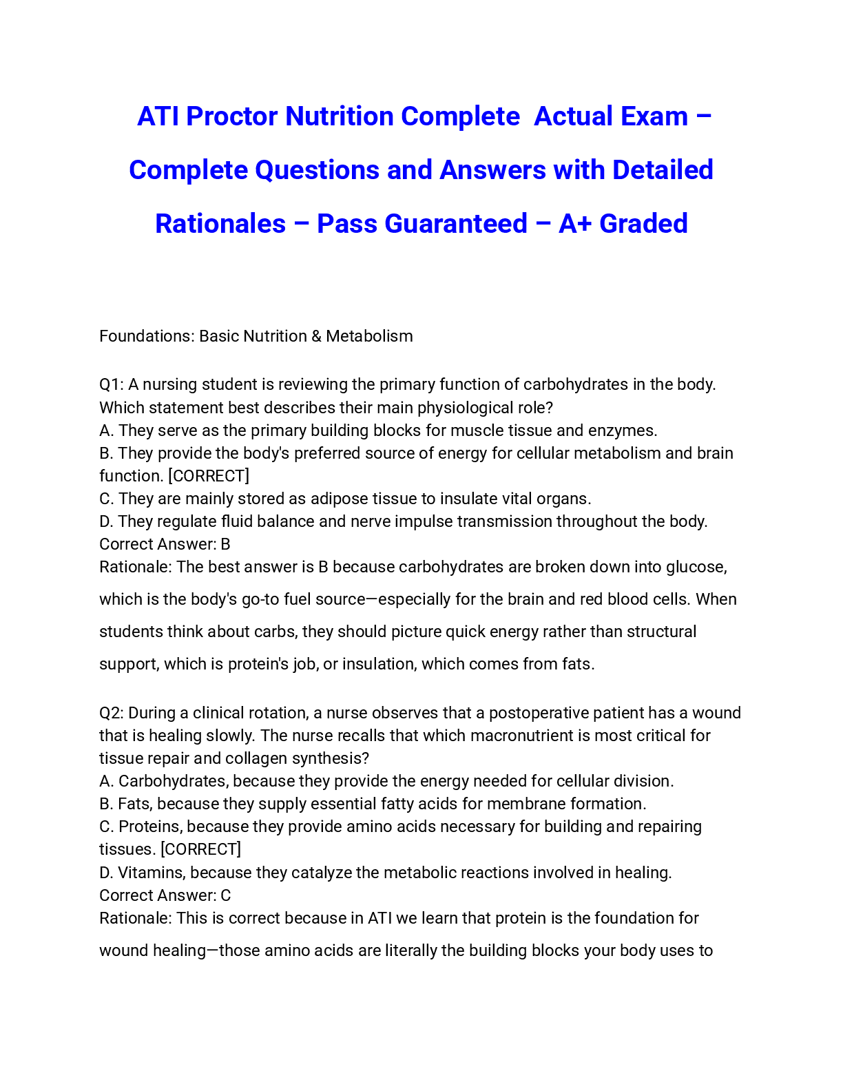 Preview of ATI Proctor Nutrition Complete (2026/2027) Actual Exam – Complete Questions and Answers with Detailed Rationales – Pass Guaranteed – A+ Graded