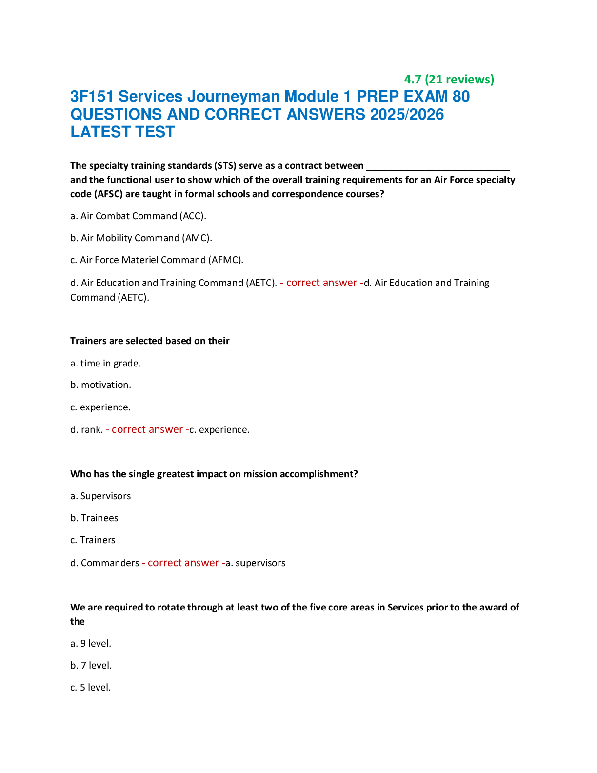 Preview of 3F151 Services Journeyman Module 1 PREP EXAM 80  QUESTIONS AND CORRECT ANSWERS 2025/2026