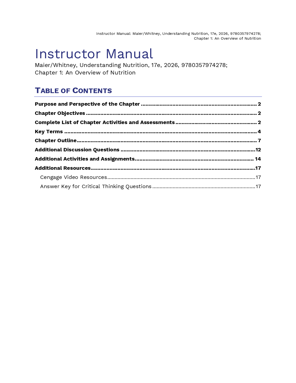 Preview of Instructor Manual for Understanding Nutrition 17th Edition By Ellie Whitney, Sharon Rady Rolfes, Haiyan Maier