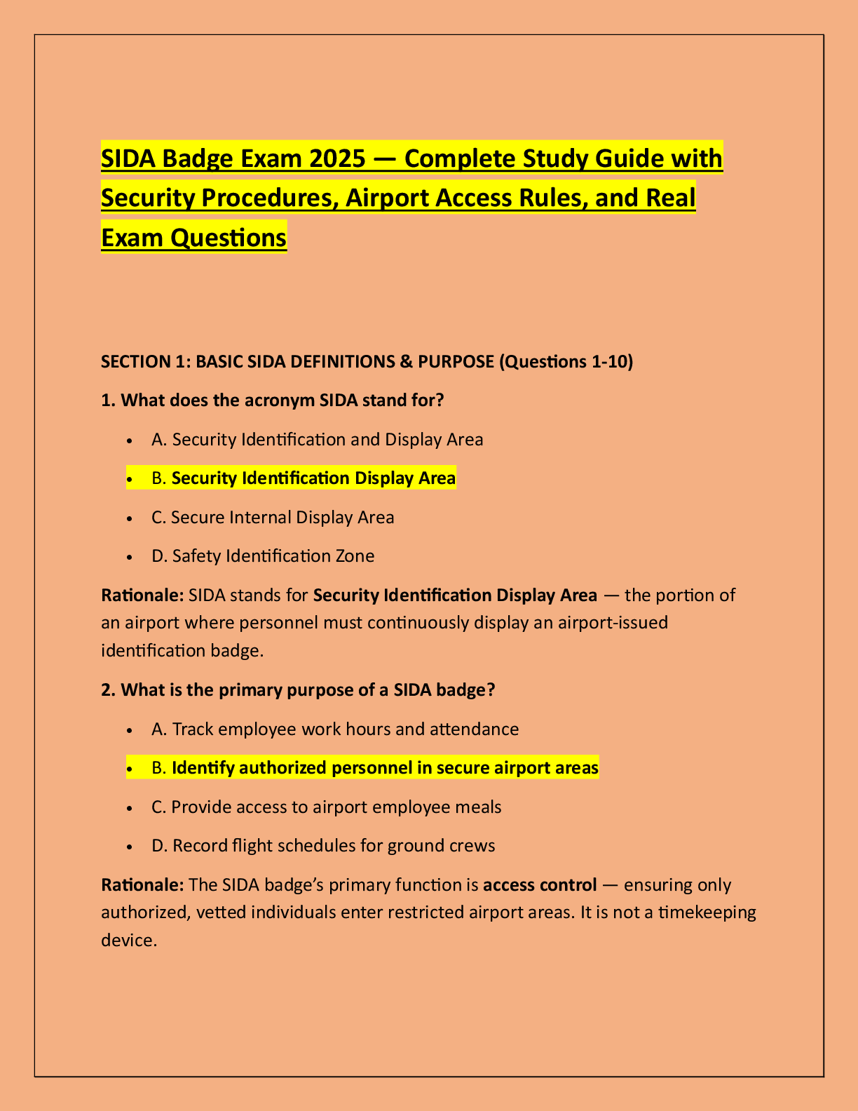 Recommended document preview for SIDA Badge Exam 2025 — Complete Study Guide with  Security Procedures, Airport Access Rules, and Real  Exam Questions