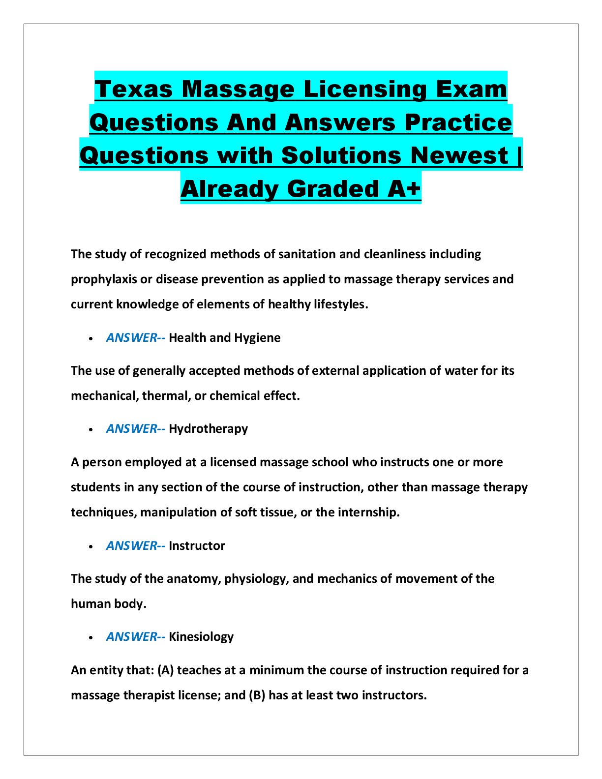 Preview image for Texas Massage Licensing Exam  Questions And Answers Practice  Questions with Solutions Newest |  Already Graded A+