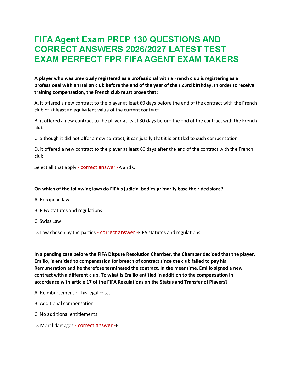 Recommended document preview for FIFA Agent Exam PREP 130 QUESTIONS AND  CORRECT ANSWERS 2026/2027 LATEST TEST  EXAM PERFECT FPR FIFA AGENT EXAM TAKERS