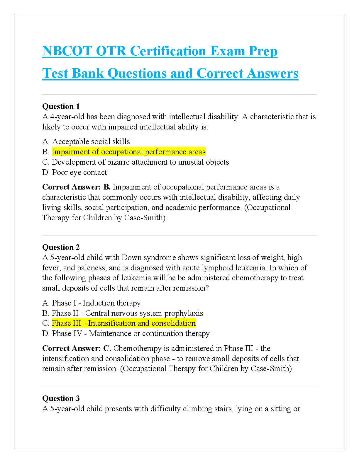 Recommended document preview for NBCOT OTR Certification Exam Prep  Test Bank Questions and Correct Answers