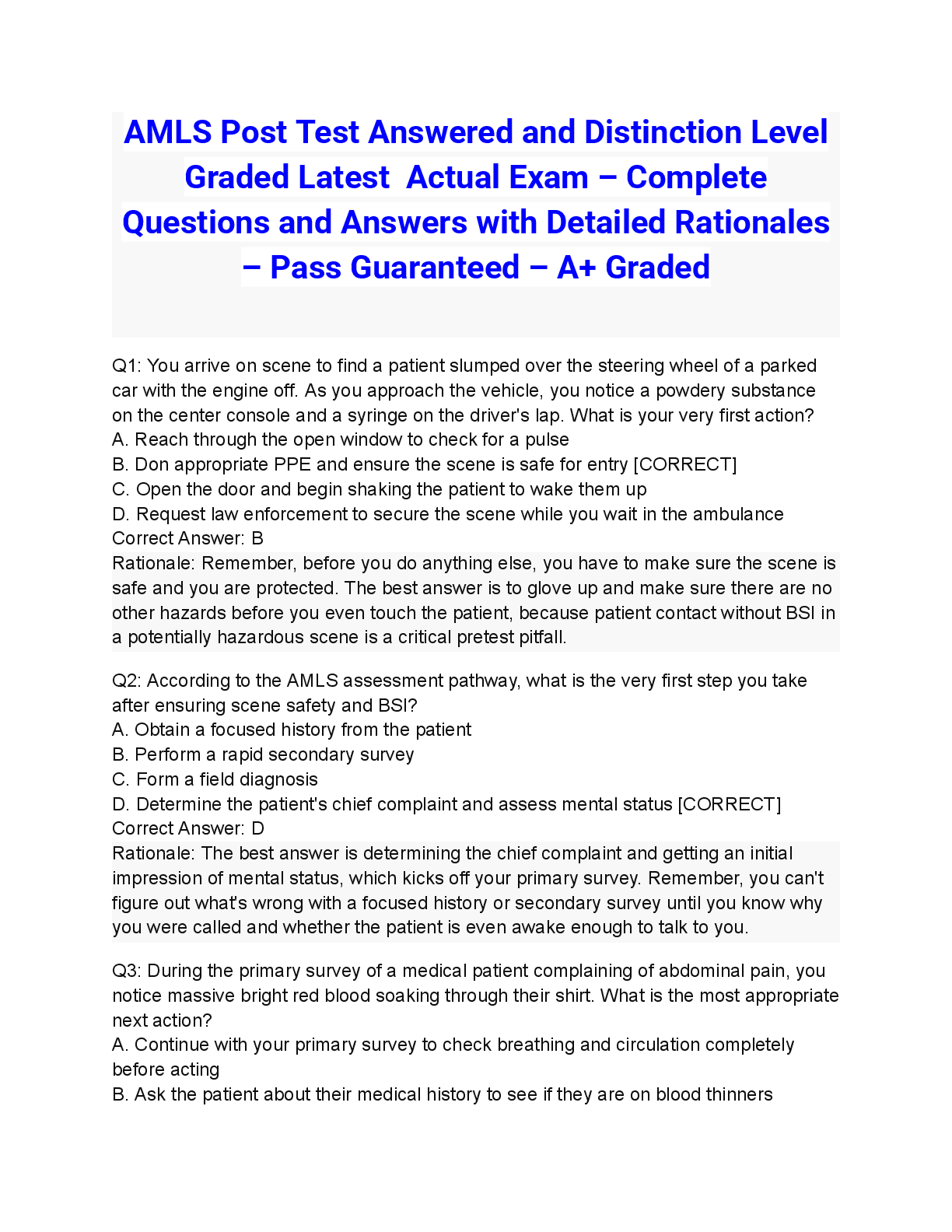 Preview of AMLS Post Test Answered and Distinction Level Graded Latest 2026/2027 Actual Exam – Complete Questions and Answers with Detailed Rationales – Pass Guaranteed – A+ Graded