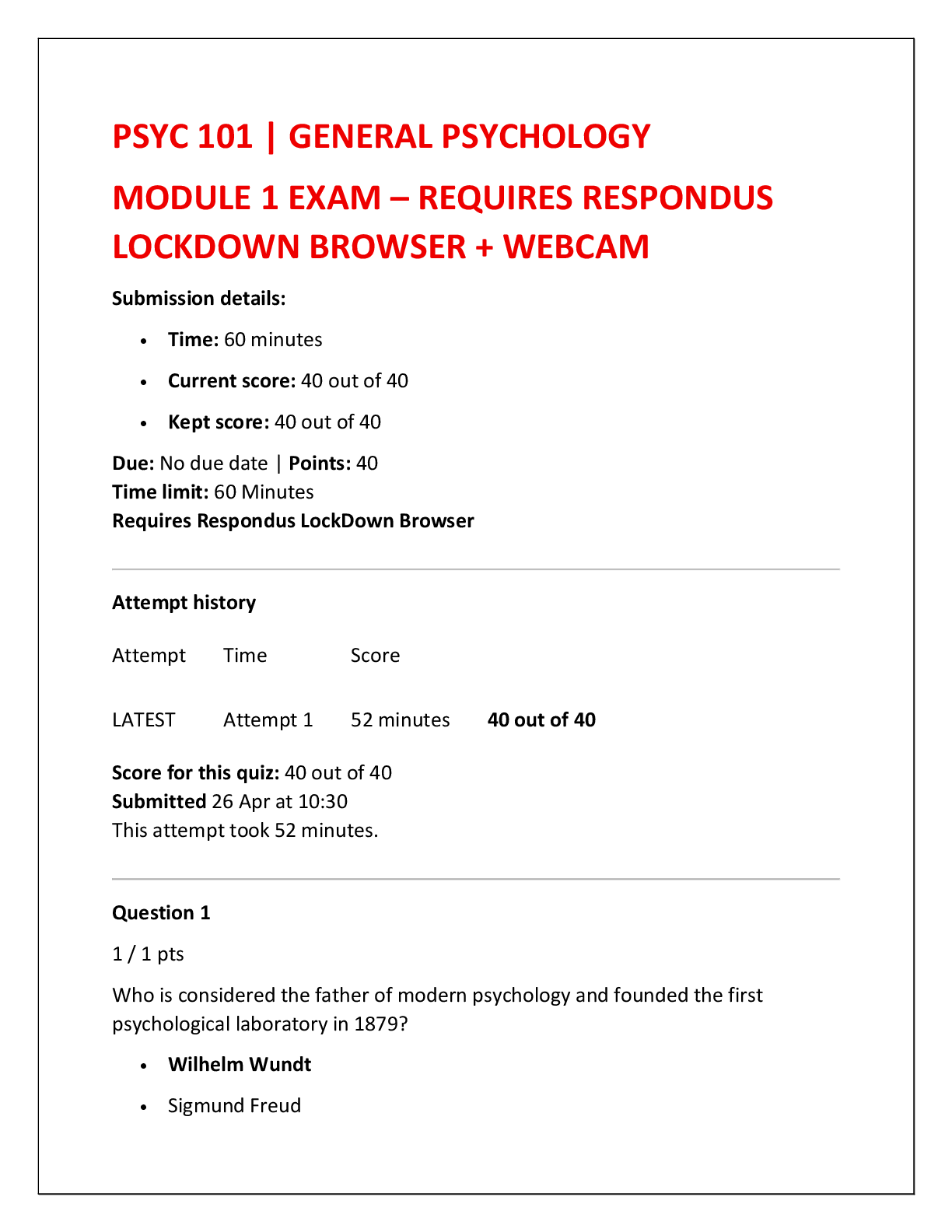 Recommended document preview for PSYC 101 | GENERAL PSYCHOLOGY  MODULE 1 EXAM – REQUIRES RESPONDUS  LOCKDOWN BROWSER + WEBCAM