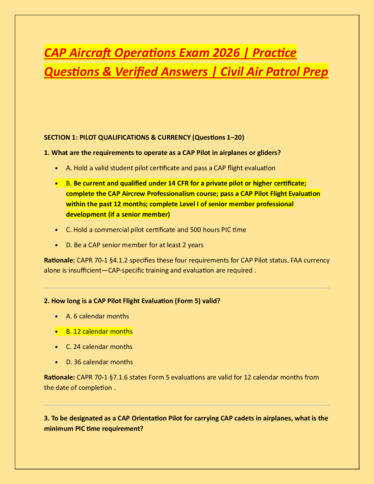 Preview of CAP Aircraft Operations Exam 2026 | Practice  Questions & Verified Answers | Civil Air Pat