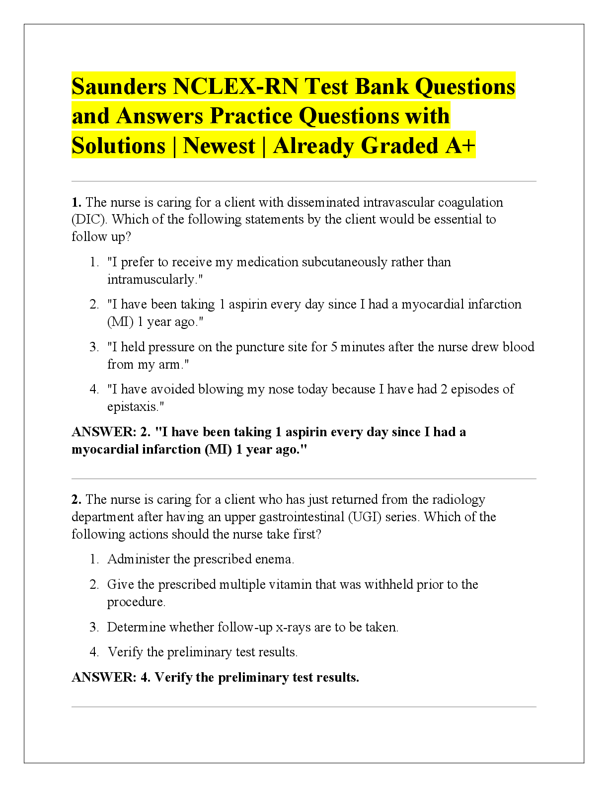 Preview image for Saunders NCLEX-RN Test Bank Questions  and Answers Practice Questions with  Solutions | Newest | Already Graded A+