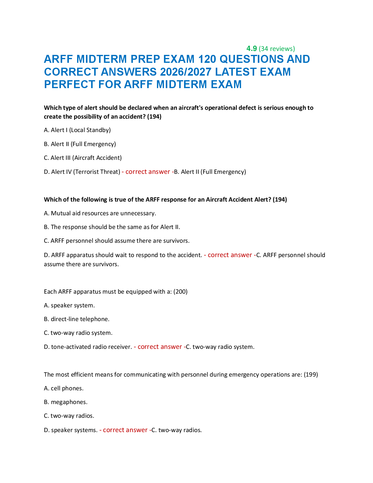 Recommended document preview for ARFF MIDTERM PREP EXAM 120 QUESTIONS AND  CORRECT ANSWERS 2026/2027 LATEST EXAM  PERFECT FOR ARFF MIDTERM EXAM