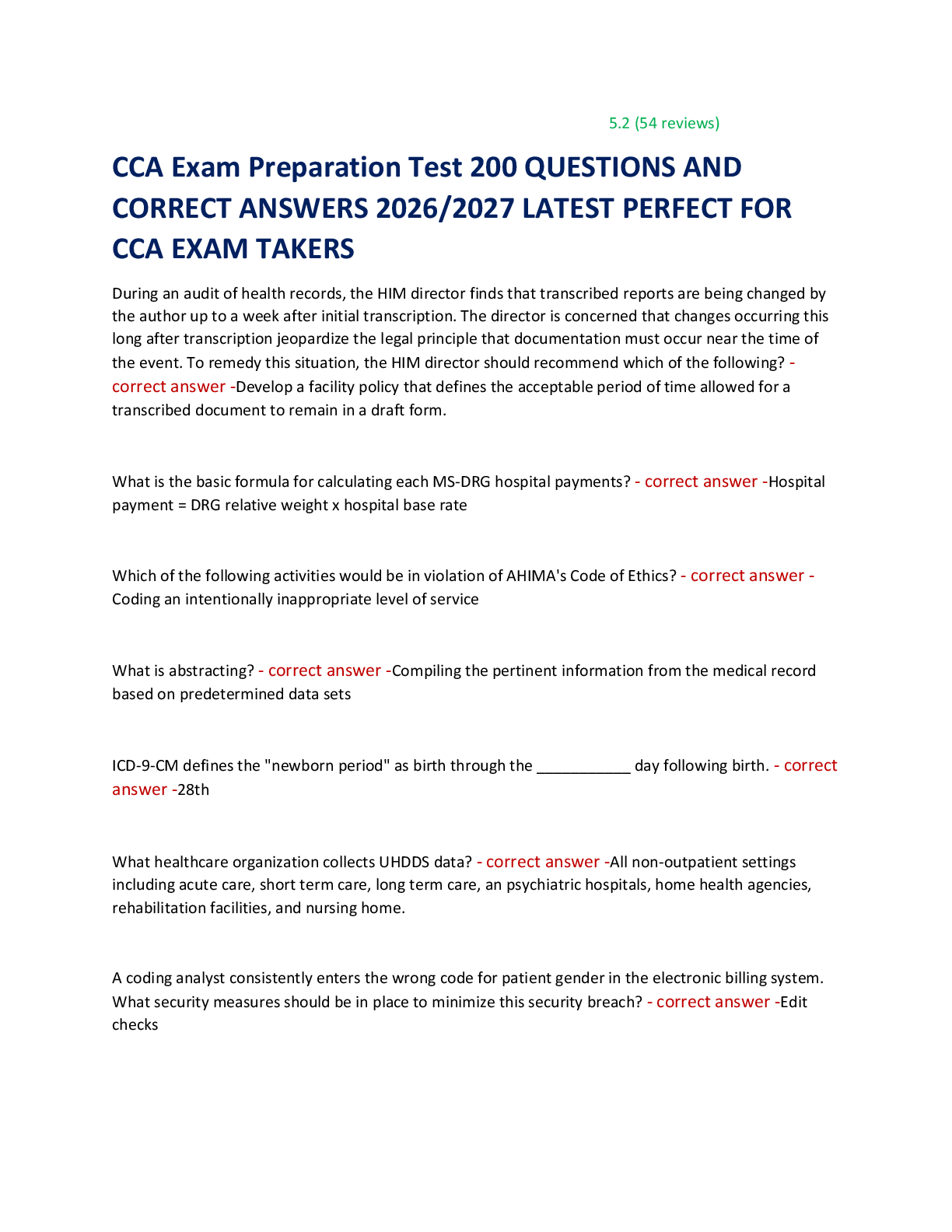 Preview of CCA Exam Preparation Test 200 QUESTIONS AND  CORRECT ANSWERS 2026/2027 LATEST PERFECT FOR