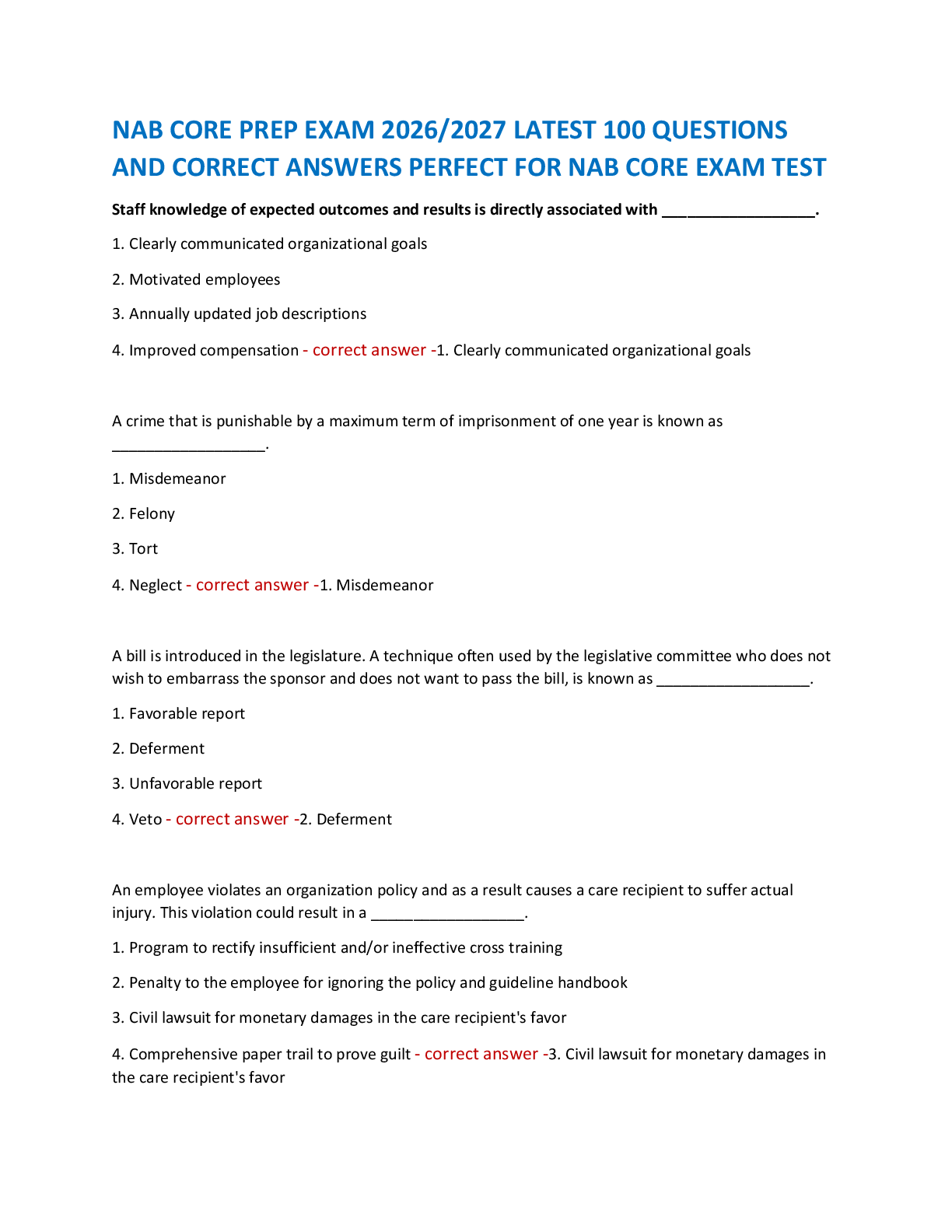 NAB CORE PREP EXAM 2026/2027 LATEST 100 QUESTIONS  AND CORRECT ANSWERS PERFECT FOR NAB CORE EXAM TEST