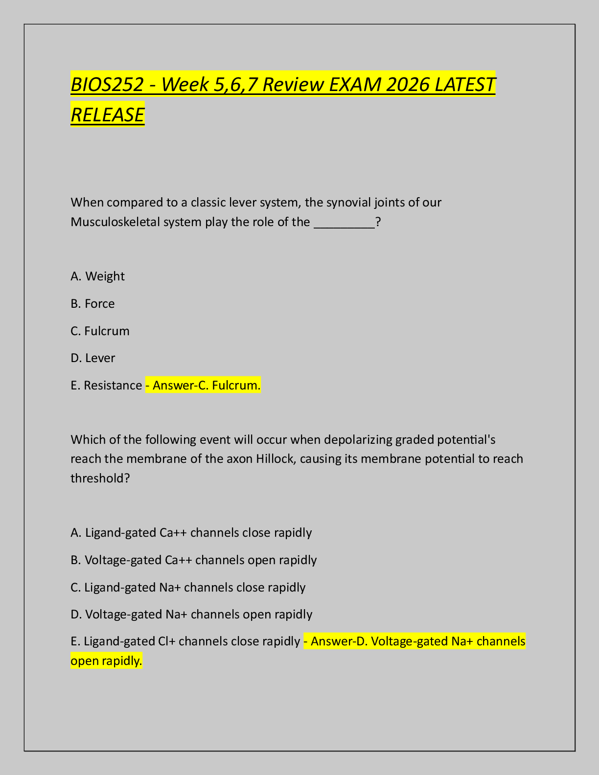 Preview of BIOS252 - Week 5,6,7 Review EXAM 2026 LATEST  RELEASE