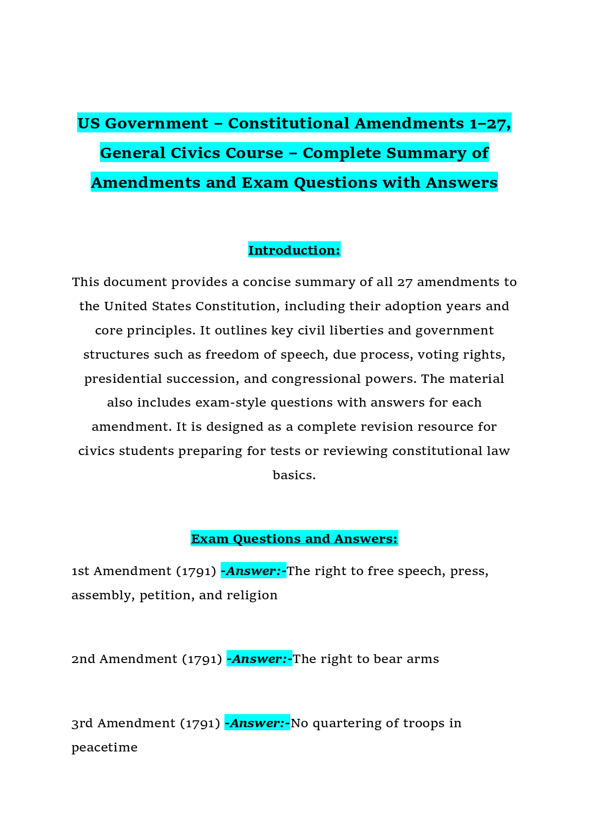 Preview of US Government – Constitutional Amendments 1–27, General Civics Course – Complete Summary of Amendments and Exam Questions with Answers
