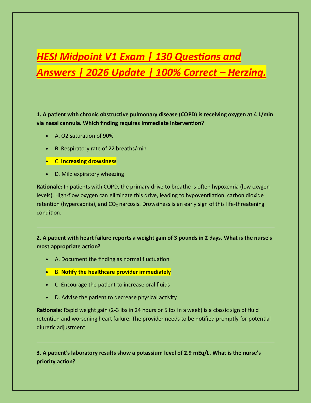 Recommended document preview for HESI Midpoint V1 Exam | 130 Questions and  Answers | 2026 Update | 100% Correct – Herzing.