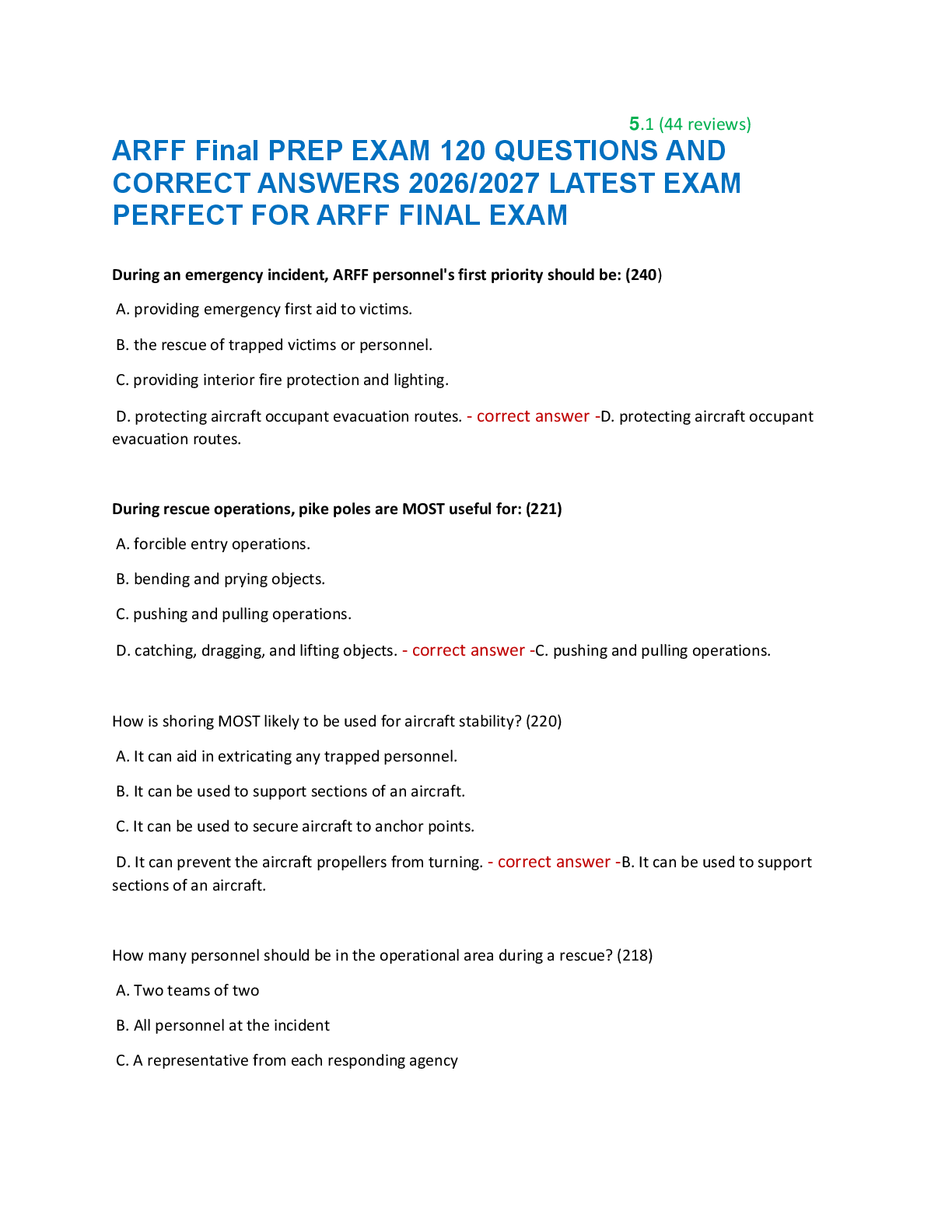 Recommended document preview for ARFF Final PREP EXAM 120 QUESTIONS AND  CORRECT ANSWERS 2026/2027 LATEST EXAM  PERFECT FOR ARFF FINAL EXAM