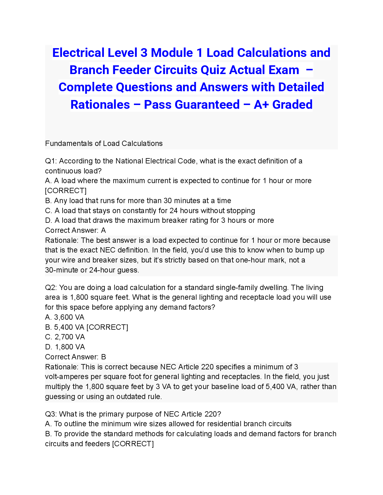 Preview of Electrical Level 3 Module 1 Load Calculations and Branch Feeder Circuits Quiz Actual Exam 2026/2027 – Complete Questions and Answers with Detailed Rationales – Pass Guaranteed – A+ Graded