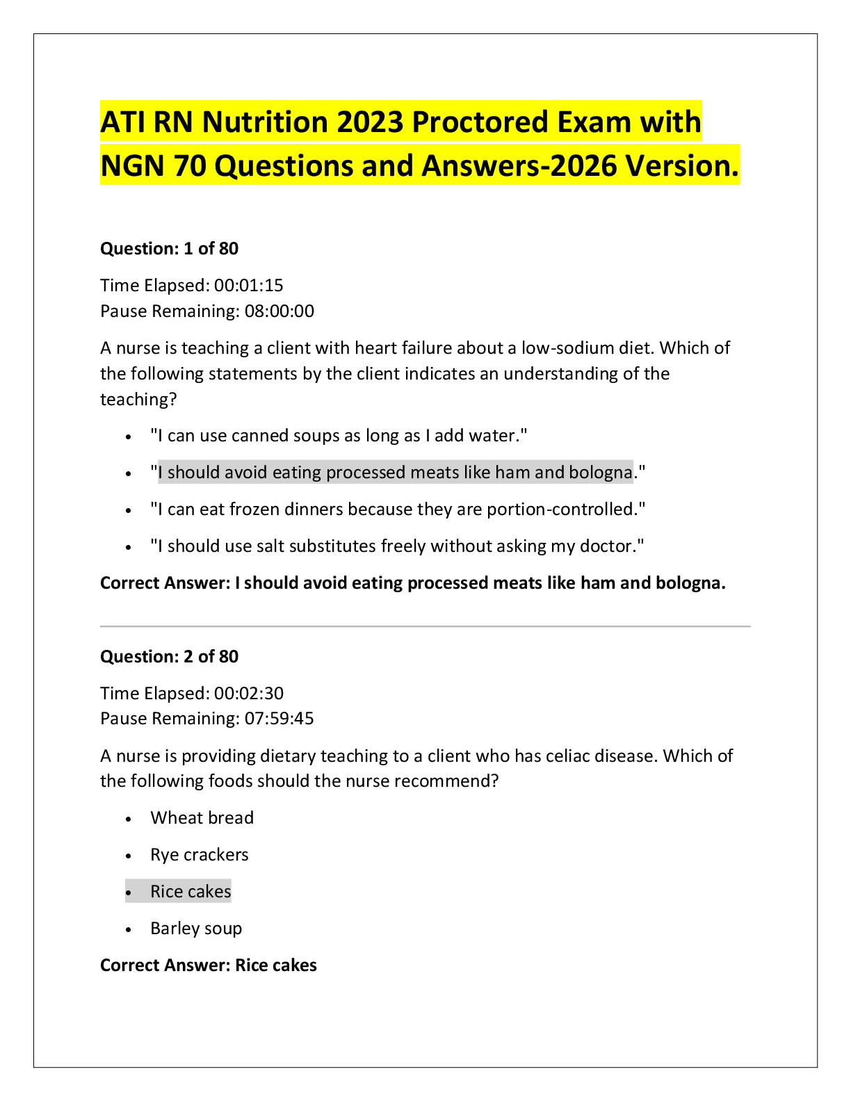Preview of ATI RN Nutrition 2023 Proctored Exam with  NGN 70 Questions and Answers-2026 Version.