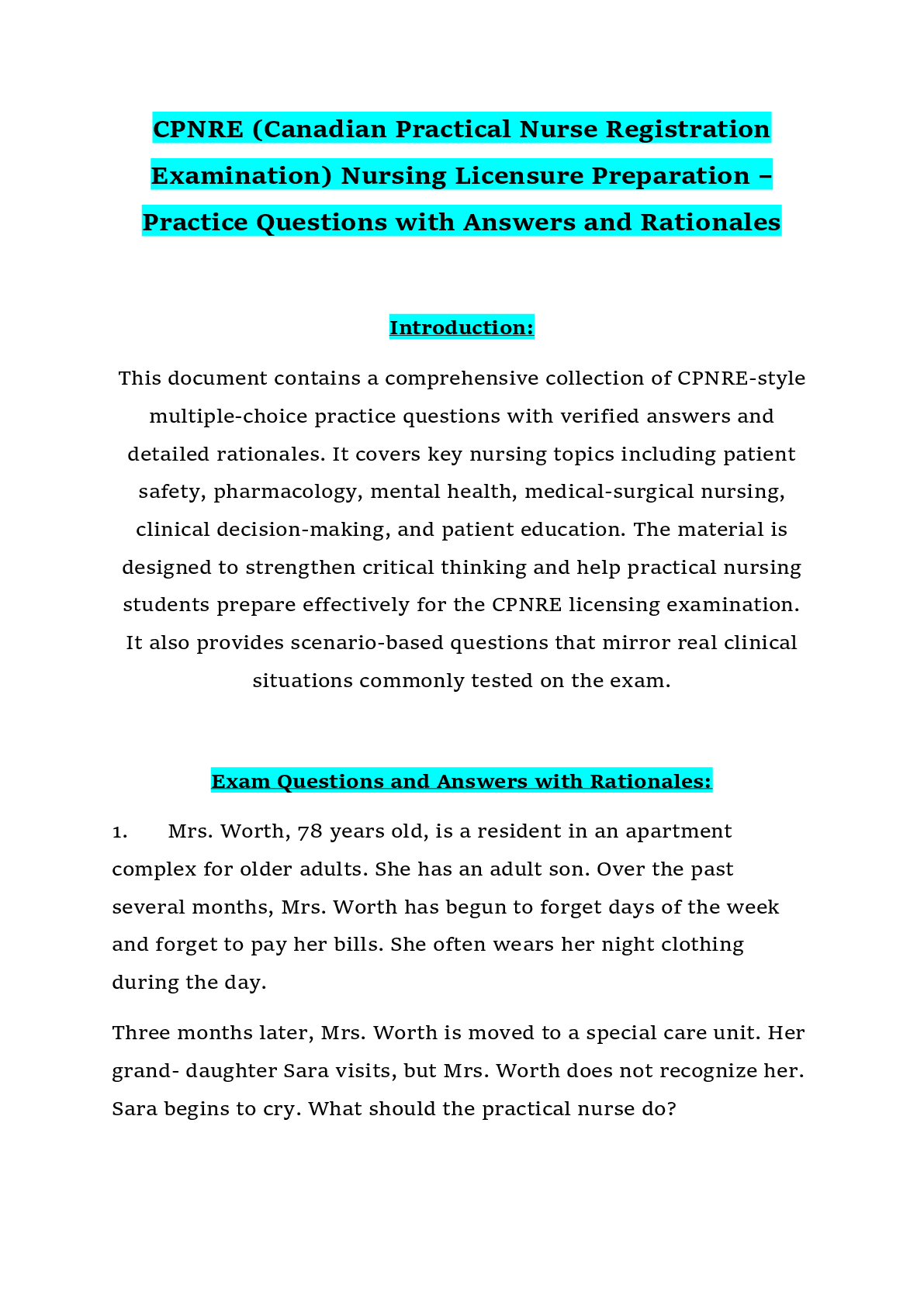 Preview of Nursing Licensure Preparation – Practice Questions with Answers and Rationales